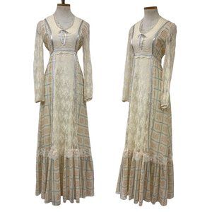 Vintage 1970s 70s Gunne Sax Style Floral Lace Prairie Cottage Core Maxi Dress